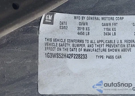 2002 Oldsmobile Intrigue Gl from USA, damaged, VIN 1G3WS52H42F228233